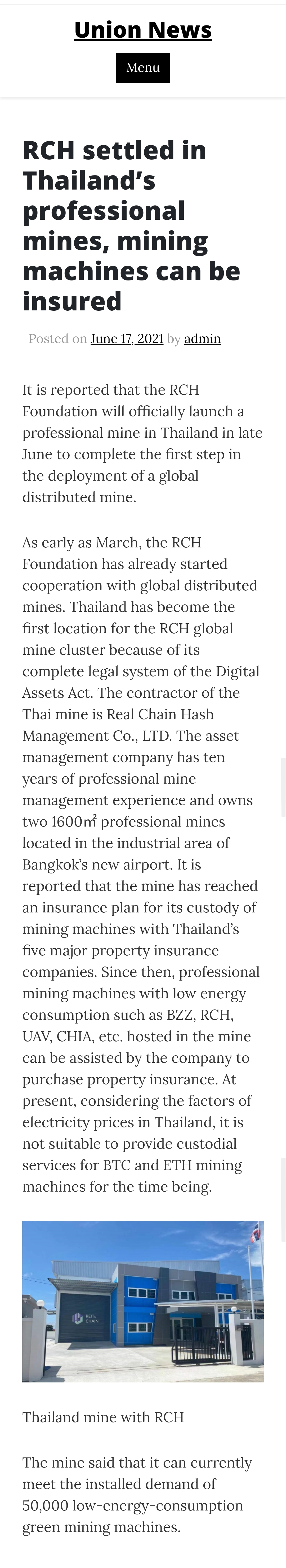 RCH入驻泰国专业矿场，矿机可承保